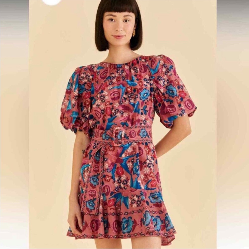 💥 FARM RIO Blush Floral Bird Mini Dress w Belt Sz S - Picture 5 of 13